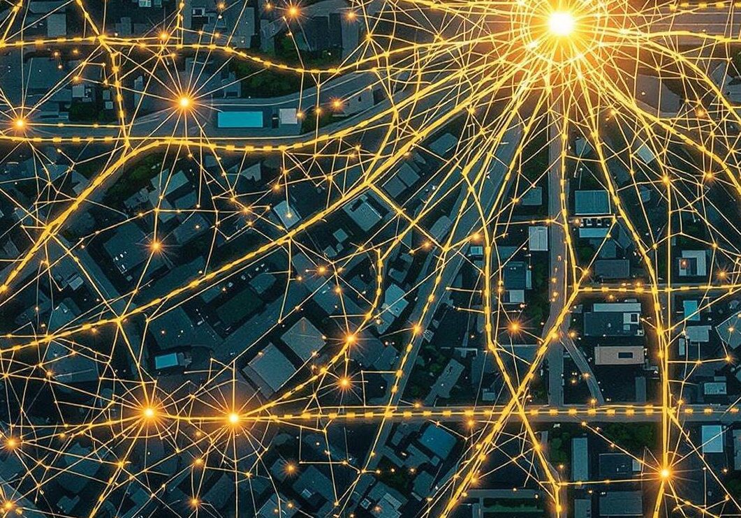 Aerial view of illuminated networked cityscape.