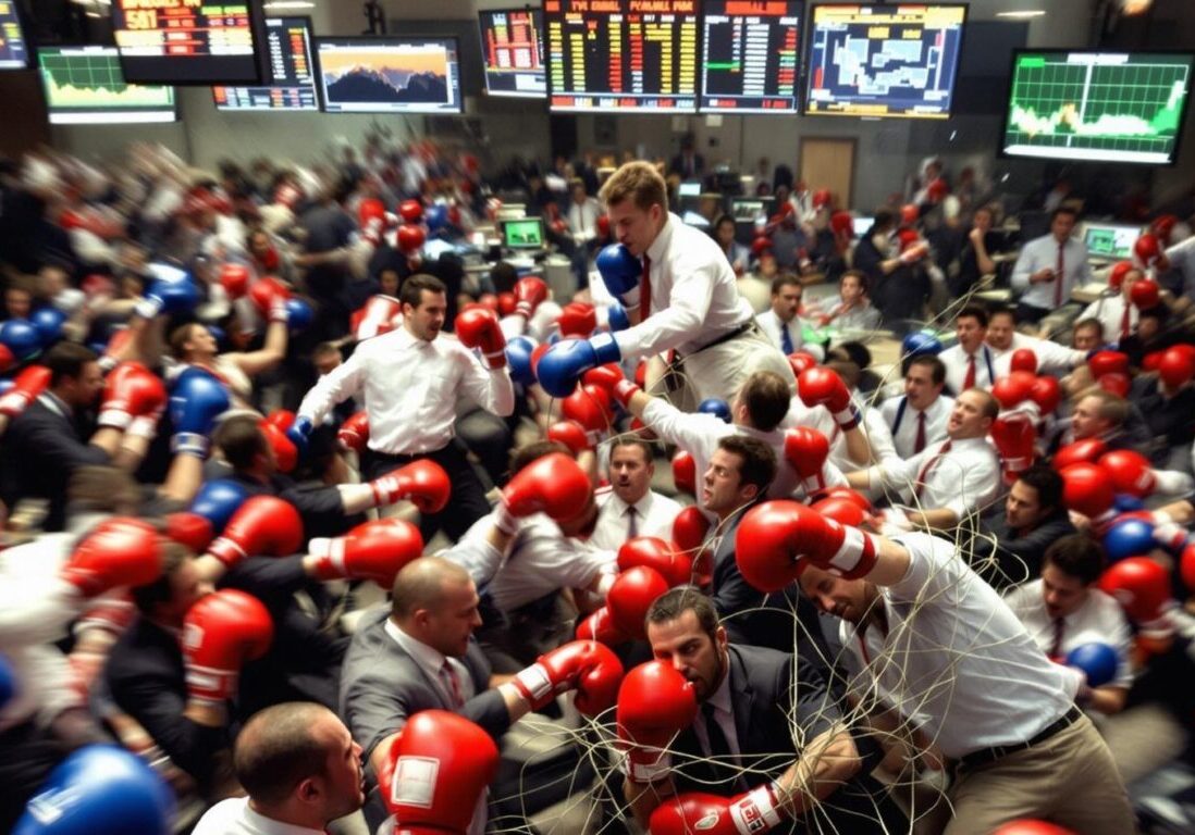 Stock market traders wearing boxing gloves in chaos.