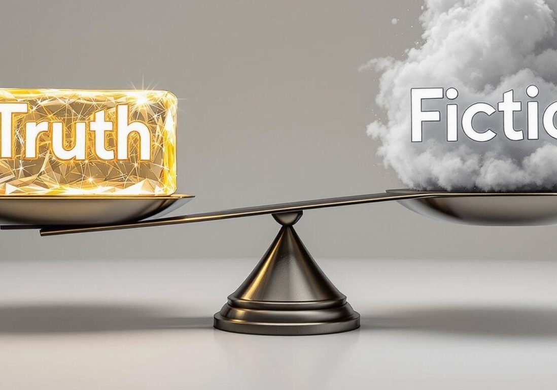 Truth outweighing fiction on a balance scale.