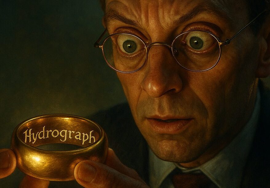 Man holding glowing ring labeled "Hydrograph.