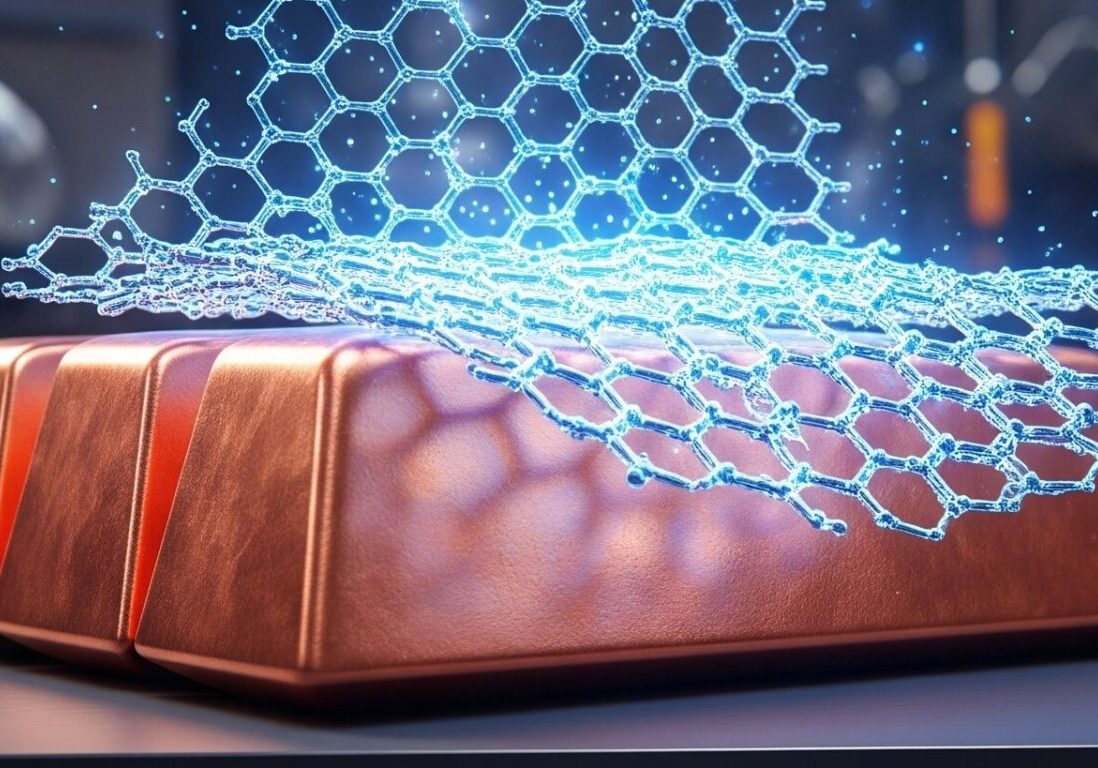 Copper bars with glowing digital mesh overlay.